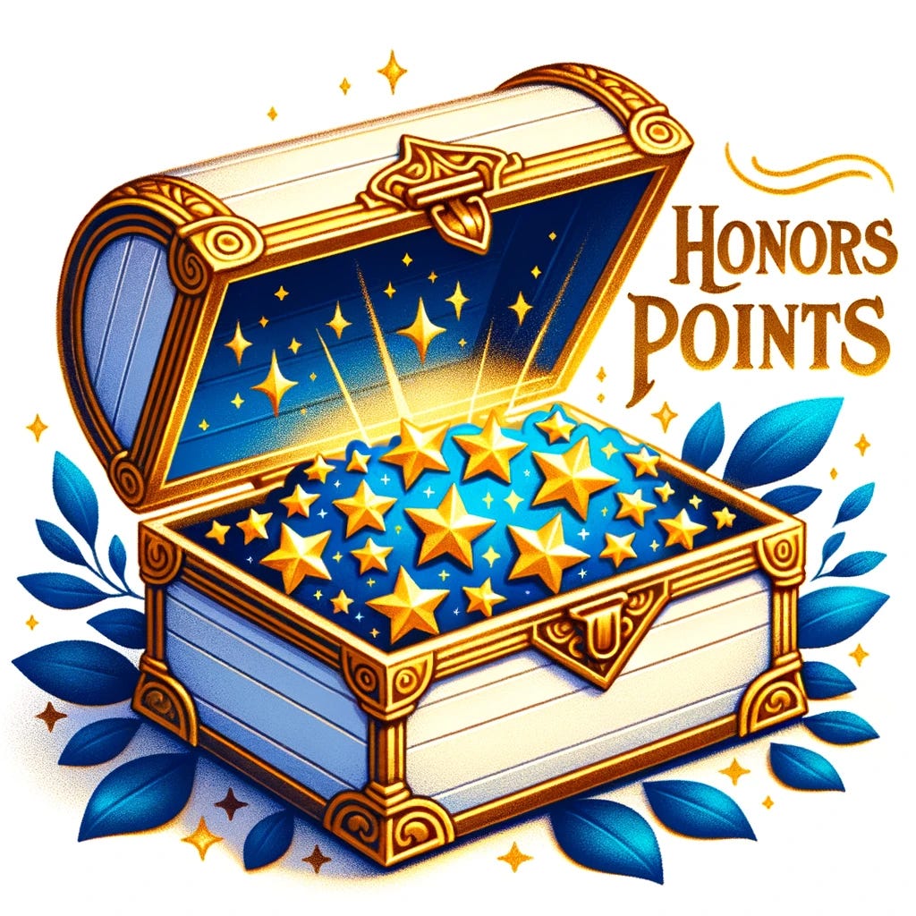 Illustration of a white treasure chest with golden edges, slightly open, revealing a shimmering pile of blue and gold stars inside. Above the chest, 'Honors Points' is written in elegant gold script, emphasizing the preciousness of the points.