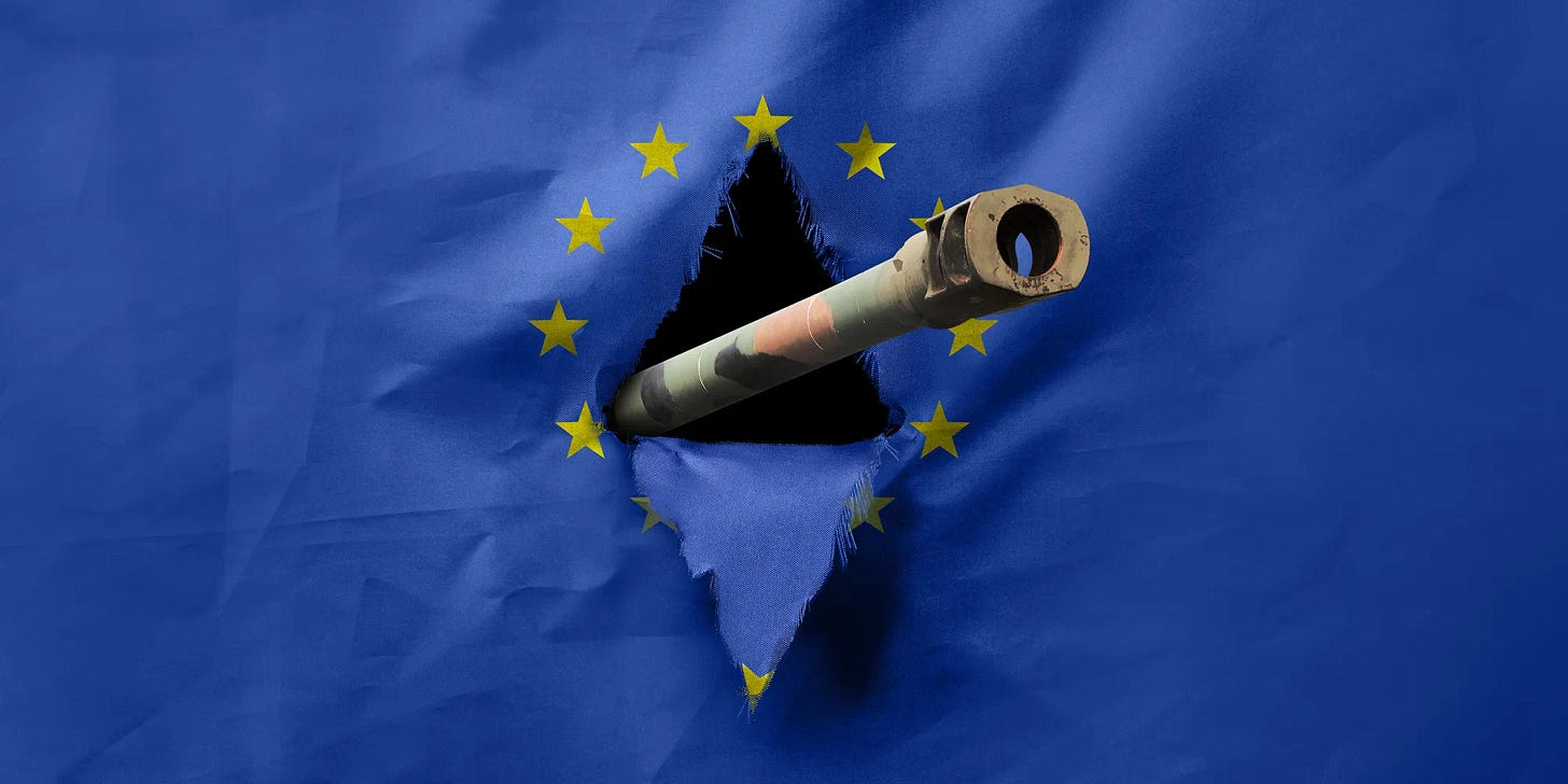 An illustration showing the European Union flag with the turret of a tank tearing through the circle of stars.
