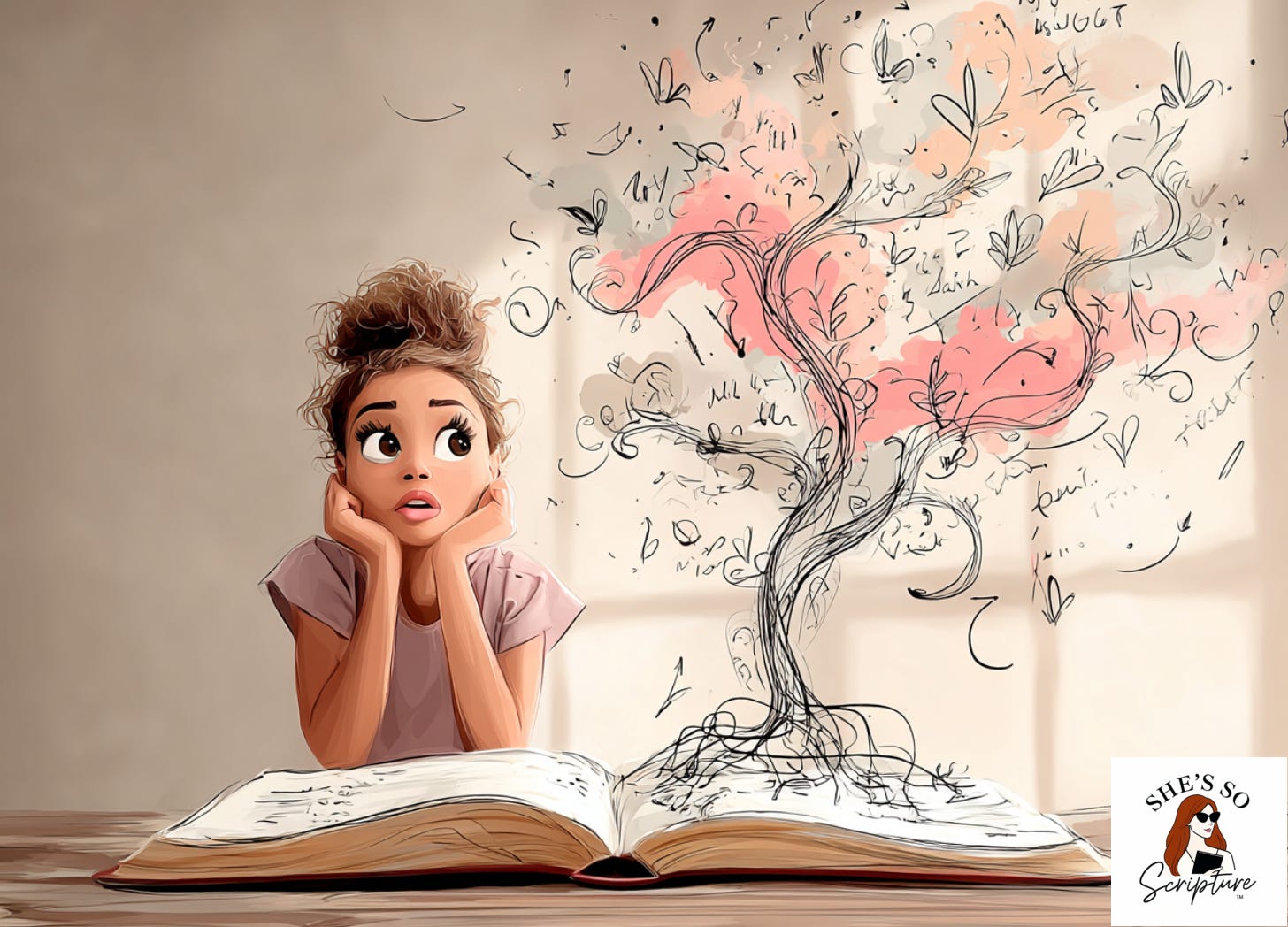 A woman seated at a wooden table studying an open Bible, a tree growing subtly from the pages, roots and branches forming words in the air