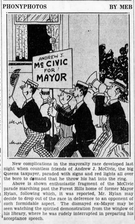 Images show a series of cartoons from the Brooklyn Daily Eagle featuring a civic worker named Andrew J. McCivic.