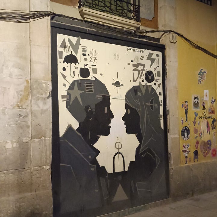 Photos of Barcelona landscape at dusk with landmarks and graphitti of the city
