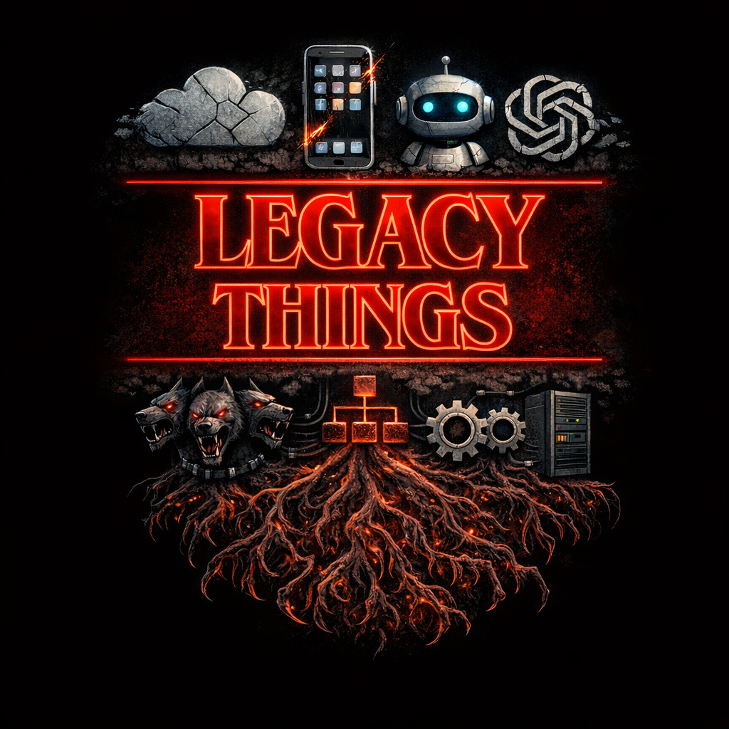 Illustrazione che mostra tecnologie IT moderne in superficie e sistemi legacy come radici sottostanti, simbolo del progetto Legacy Things. Illustrazione che mostra tecnologie IT moderne in superficie e sistemi legacy come radici sottostanti, simbolo del progetto Legacy Things.
