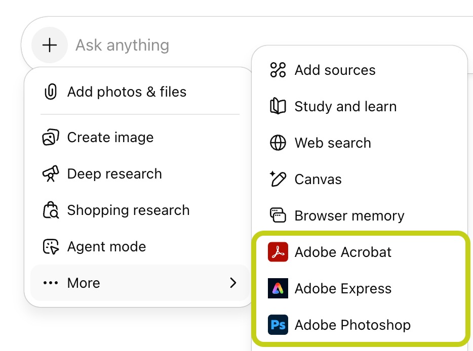 Screenshot of the ChatGPT app picker menu. Options like “Add photos & files,” “Create image,” “Deep research,” and “Agent mode” appear on the left. On the right, a highlighted section shows three Adobe integrations: Adobe Acrobat, Adobe Express, and Adobe Photoshop.