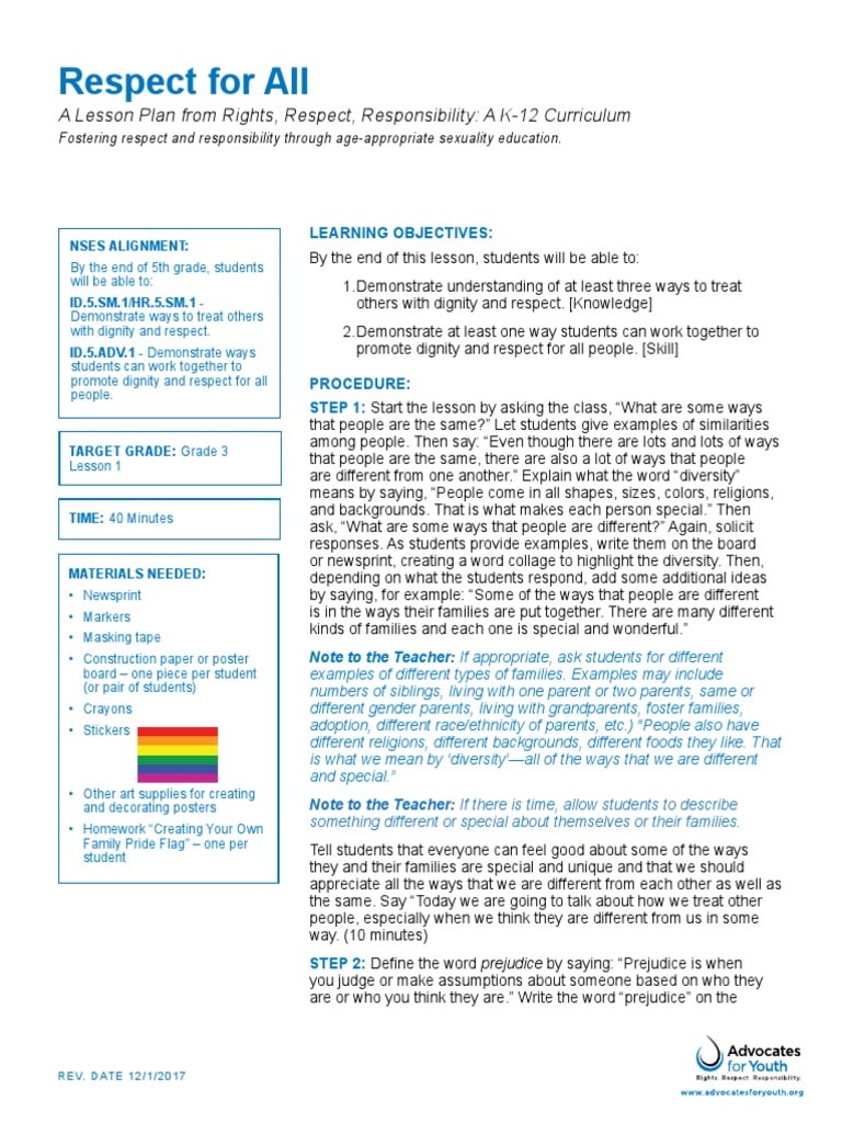 Respect For All: A Lesson Plan From Rights, Respect, Responsibility: A ... Respect For All: A Lesson Plan From Rights, Respect, Responsibility: A ...
