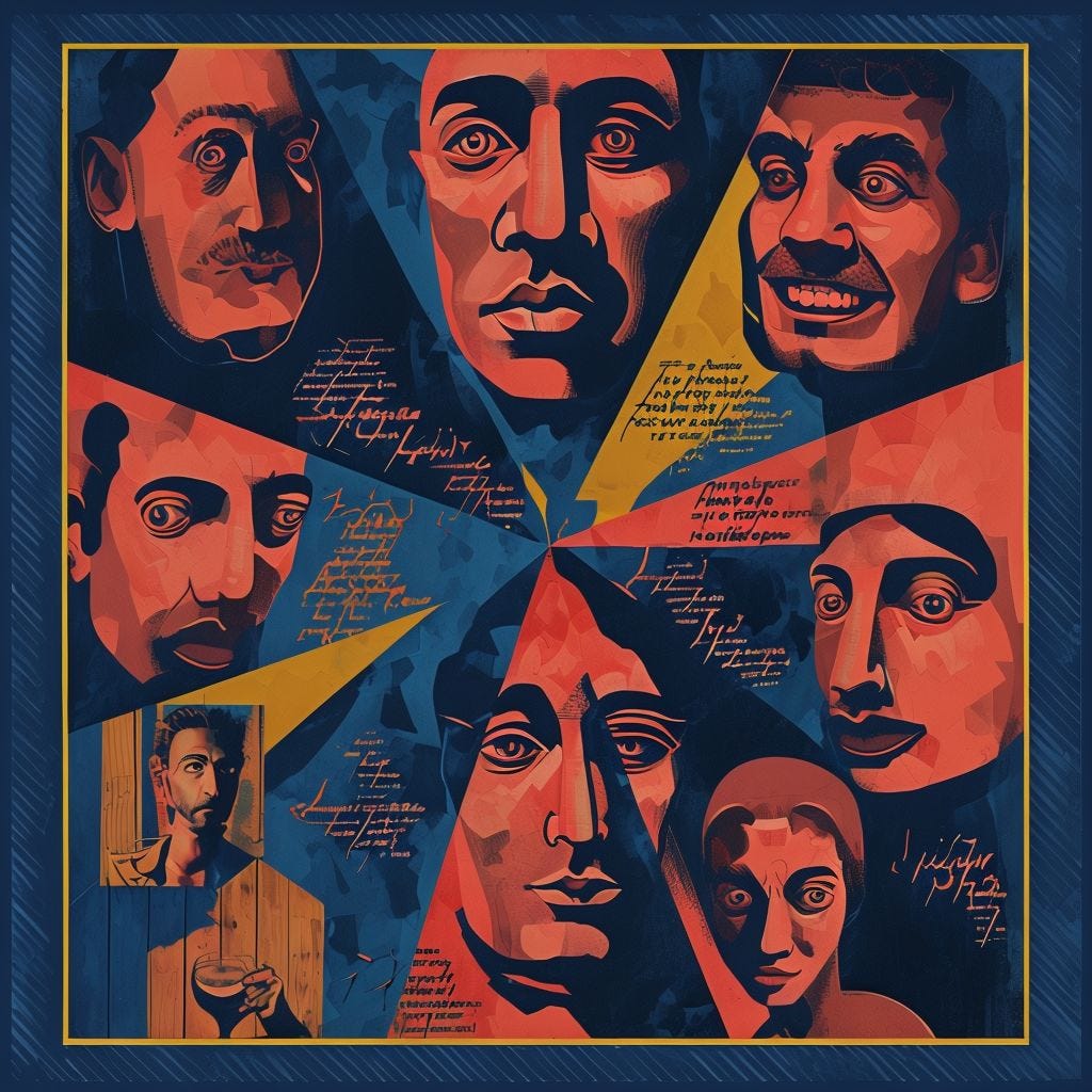 Surreal faces accompanied by unintelligible script separated in different triangles with points going from center outward like a wheel