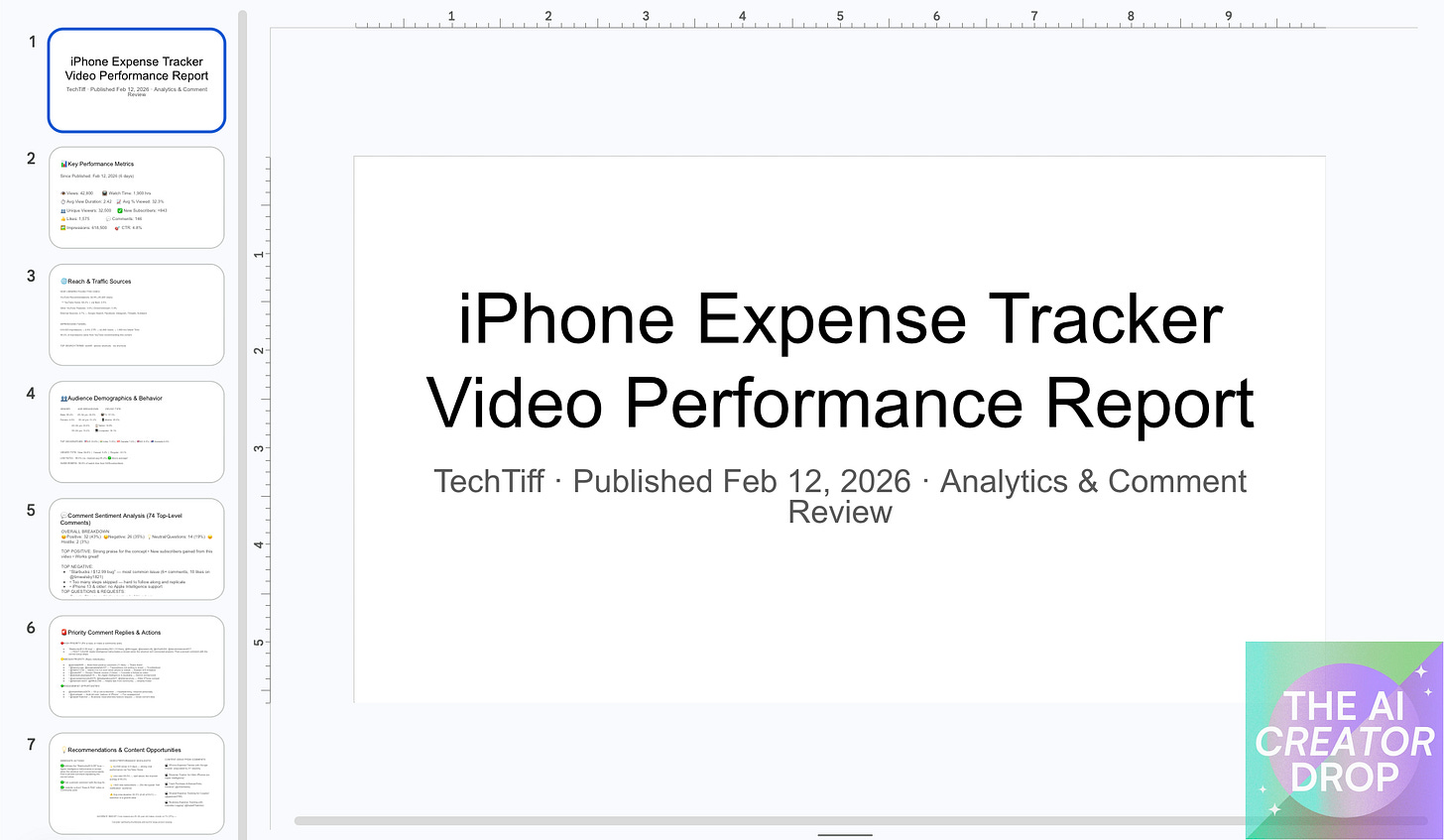 Google Slides presentation titled “iPhone Expense Tracker Video Performance Report,” showing slide thumbnails on the left and a title slide with publication date and analytics review details.