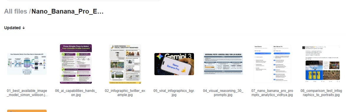 Screenshot of Genspark file workspace showing Nano Banana Pro example images folder, highlighting new Genspark features and AI-generated visuals