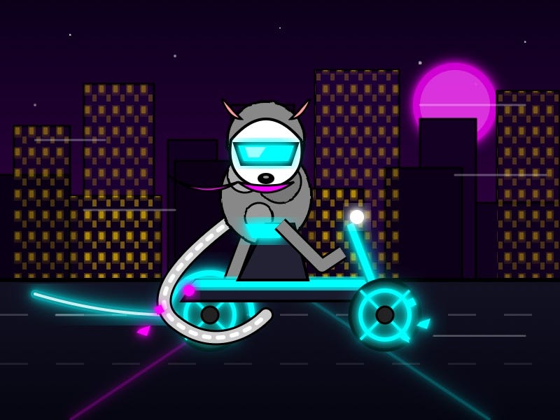Digital illustration in a neon Tron-inspired style of a grey cat-like creature wearing cyan visor goggles riding a glowing cyan futuristic motorcycle through a dark cityscape at night, with its long tail trailing behind, silhouetted buildings with yellow-lit windows in the background, and a glowing magenta moon on the right. Digital illustration in a neon Tron-inspired style of a grey cat-like creature wearing cyan visor goggles riding a glowing cyan futuristic motorcycle through a dark cityscape at night, with its long tail trailing behind, silhouetted buildings with yellow-lit windows in the background, and a glowing magenta moon on the right.