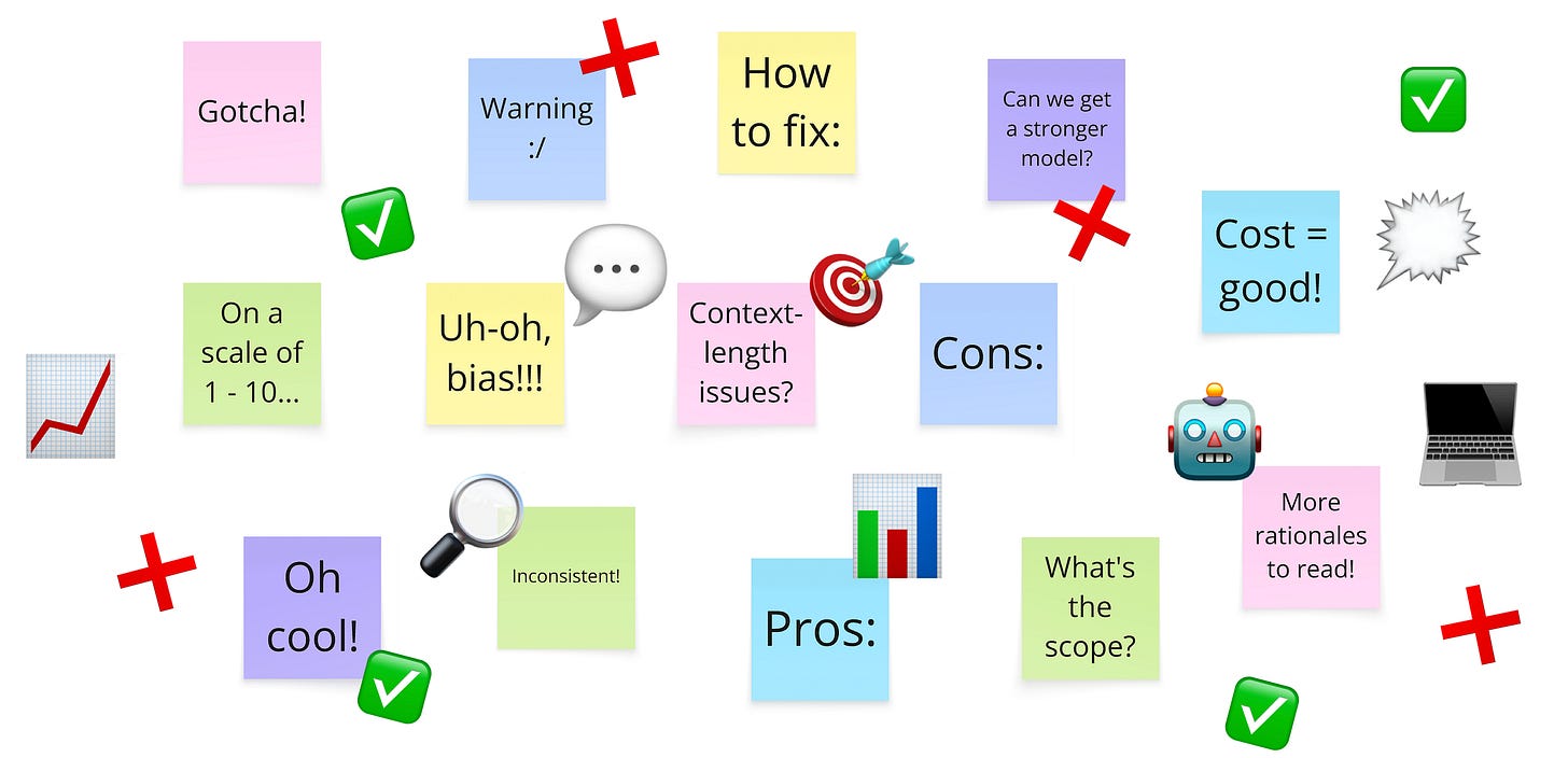 A collection of sticky notes and emojis related to evaluation (graphs, ticks and crosses, etc)