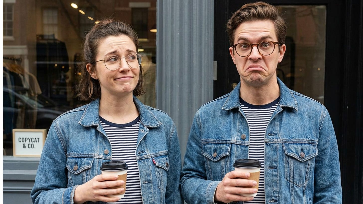 A woman and a man are dressed identically and have the same expressions on their faces.
