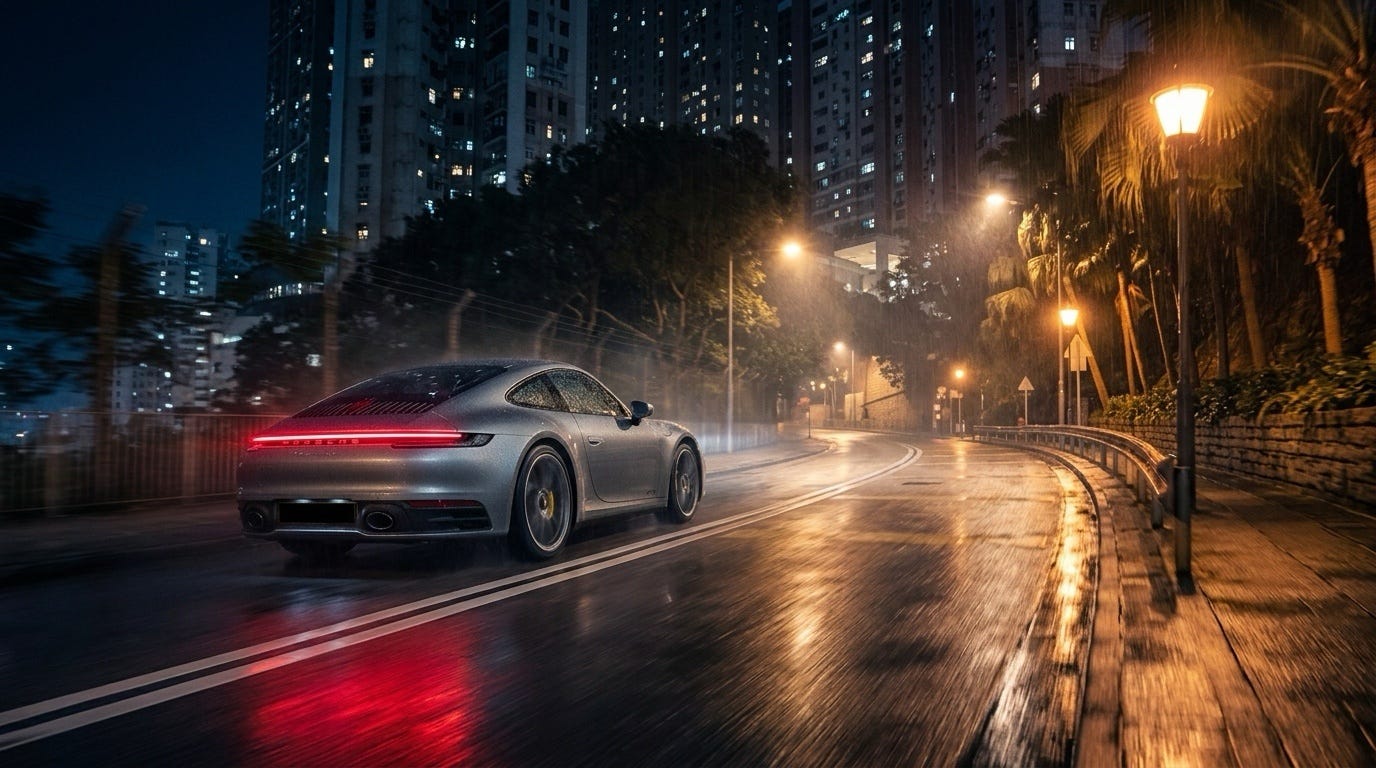 表裡見聞錄：雨夜駛上紅香爐峰的 Porsche 911 Carrera S。中環的璀璨與壓迫被拋在車後，車內載著一份等待拆解的尊尚保單，以及一個被系統逼至臨界點的疲憊靈魂。