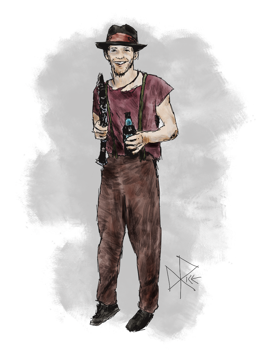A smiling young man wearing a torn t-shirt and a fedora stands with a beer bottle in one hand and a clarinet in the other. Sketch art by Don Rice. A smiling young man wearing a torn t-shirt and a fedora stands with a beer bottle in one hand and a clarinet in the other. Sketch art by Don Rice.