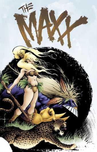 front cover of The Maxx comic book, featuring the two main characters, Maxx a purple monster, and Julie, a jungle queen with flowing blond hair. 