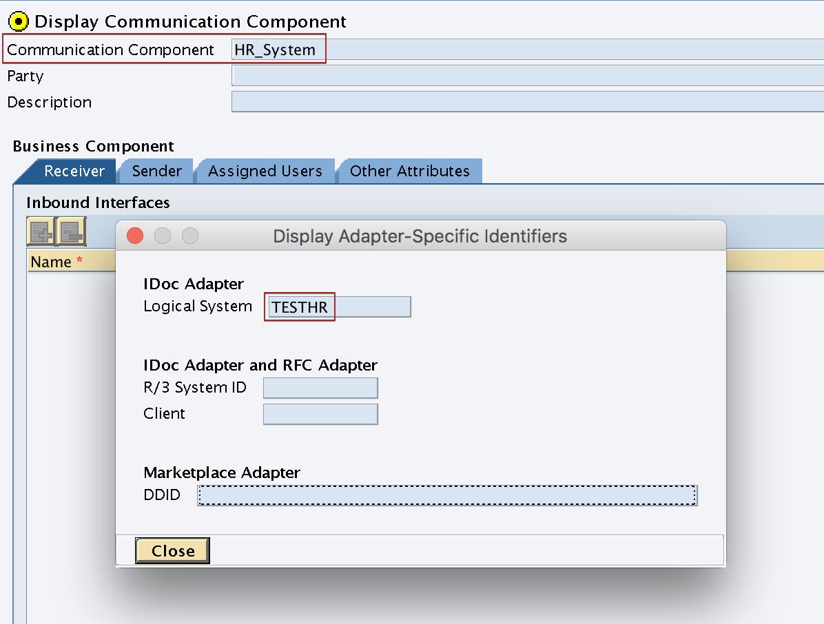 Logical System name of the sender Business Component "HR_System" under Adapter Specific Message Attributes (ASMA) 