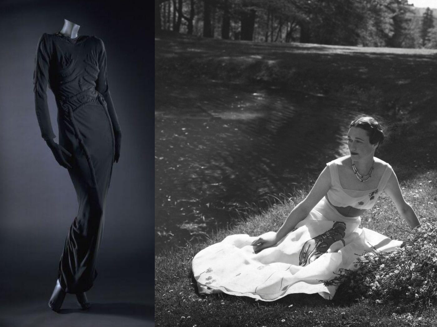 Two side-by-side black-and-white and dark-toned images: Schiaparelli’s black Skeleton Dress with raised bone-like shapes on the torso, and Wallis Simpson reclining outdoors in the Schiaparelli Lobster Dress designed with Salvador Dalí. Two side-by-side black-and-white and dark-toned images: Schiaparelli’s black Skeleton Dress with raised bone-like shapes on the torso, and Wallis Simpson reclining outdoors in the Schiaparelli Lobster Dress designed with Salvador Dalí.