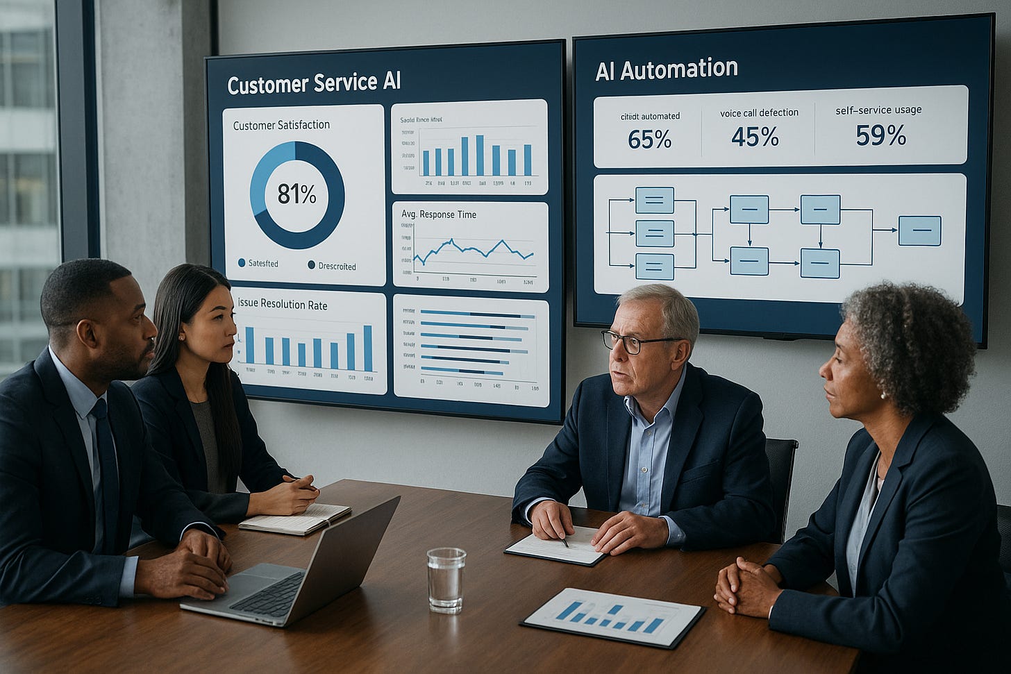 Professional business meeting showing diverse executives looking at dashboard analytics displaying customer service AI metrics and performance data, modern office setting with large screens showing AI automation workflows and customer satisfaction scores