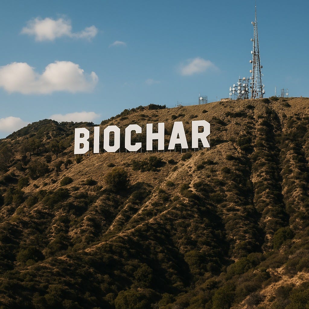 The Hollywood sign on its hillside, edited to read "BIOCHAR".