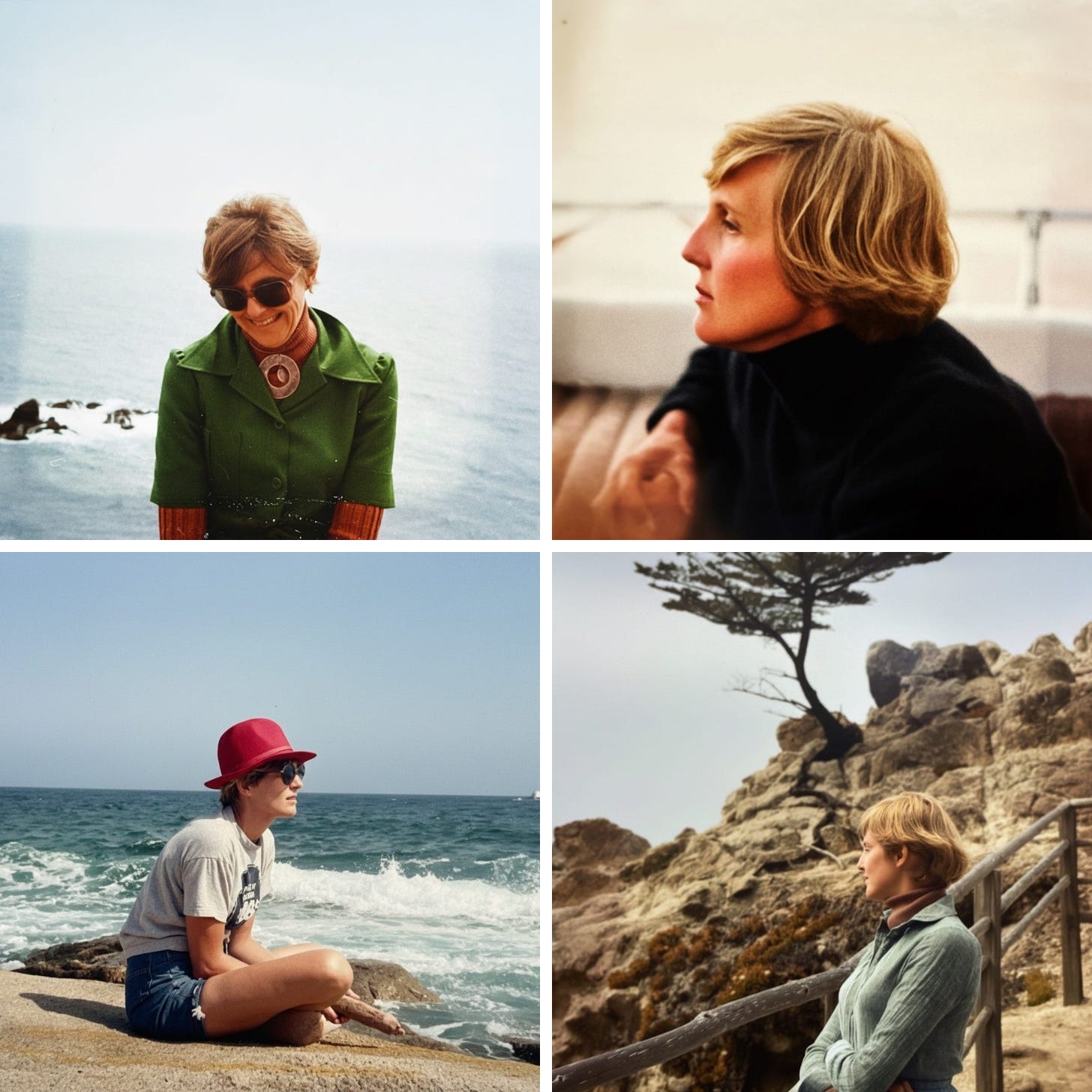 Four photos, each of a woman in her early twenties at the beach