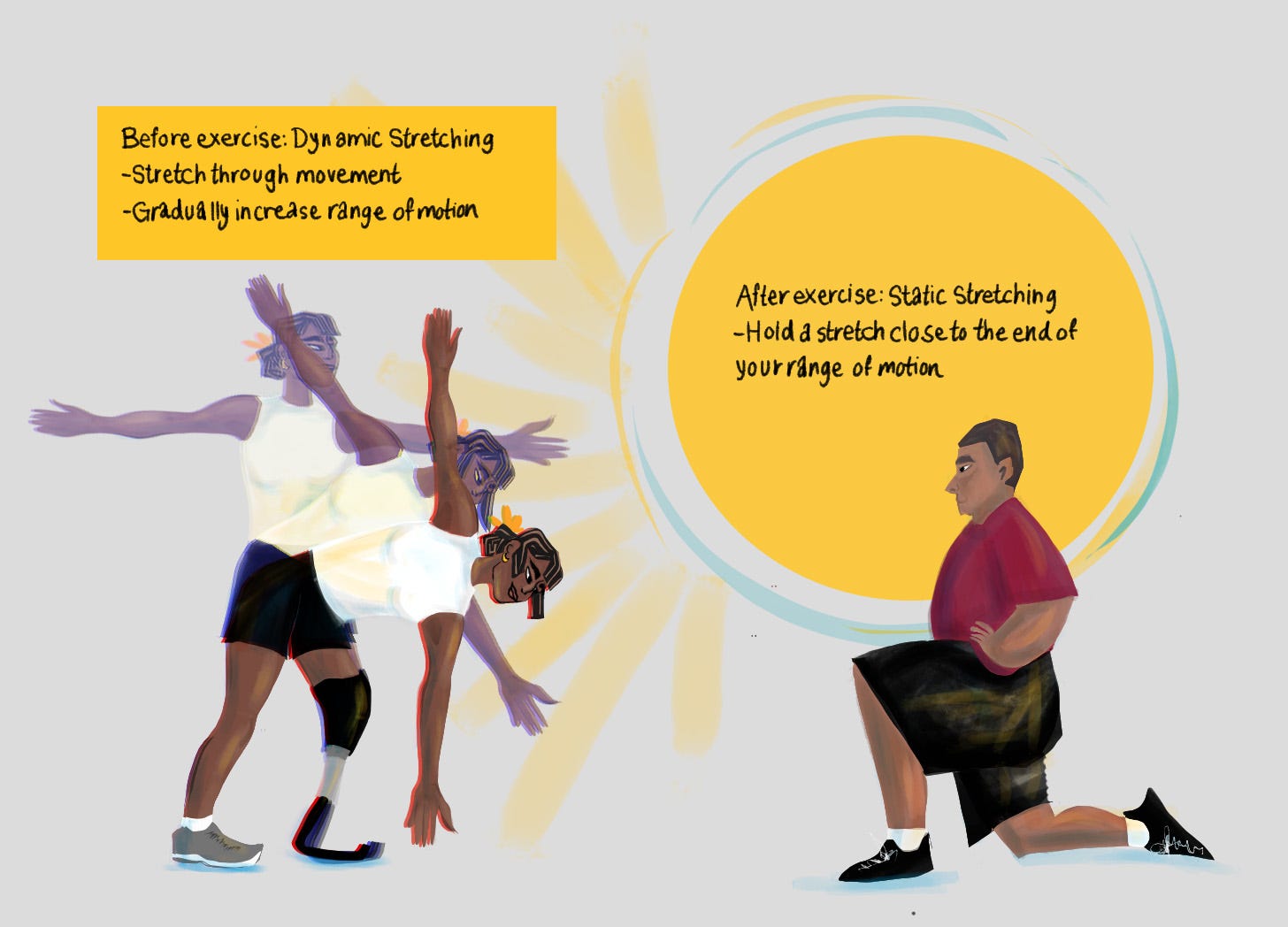 An illustration of a woman doing dynamic stretching, touching her toes. Above her in a yellow rectangle text reads: "Before exercise: Dynamic stretching, Stretch through movement, Gradually increase range of motion. Next to her is a man doing static stretching in a lunge position. Above in a yellow circle text reads: "After exercise: Static stretching, Hold a stretch close to the end of your range of motion" An illustration of a woman doing dynamic stretching, touching her toes. Above her in a yellow rectangle text reads: "Before exercise: Dynamic stretching, Stretch through movement, Gradually increase range of motion. Next to her is a man doing static stretching in a lunge position. Above in a yellow circle text reads: "After exercise: Static stretching, Hold a stretch close to the end of your range of motion"