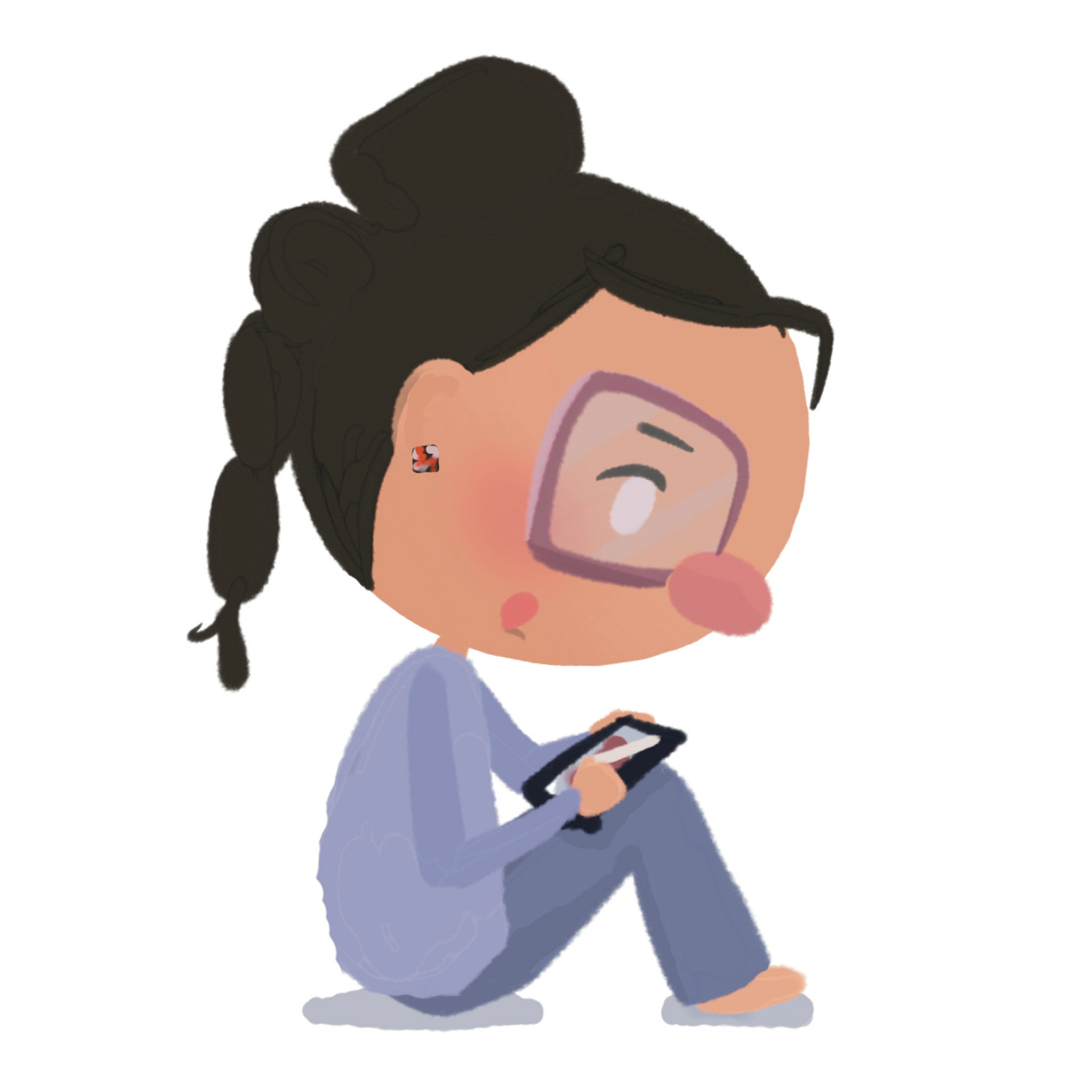 girl with glasses and braided ponytail sitting on ground with curved back drawing on ipad that's sitting on her knees