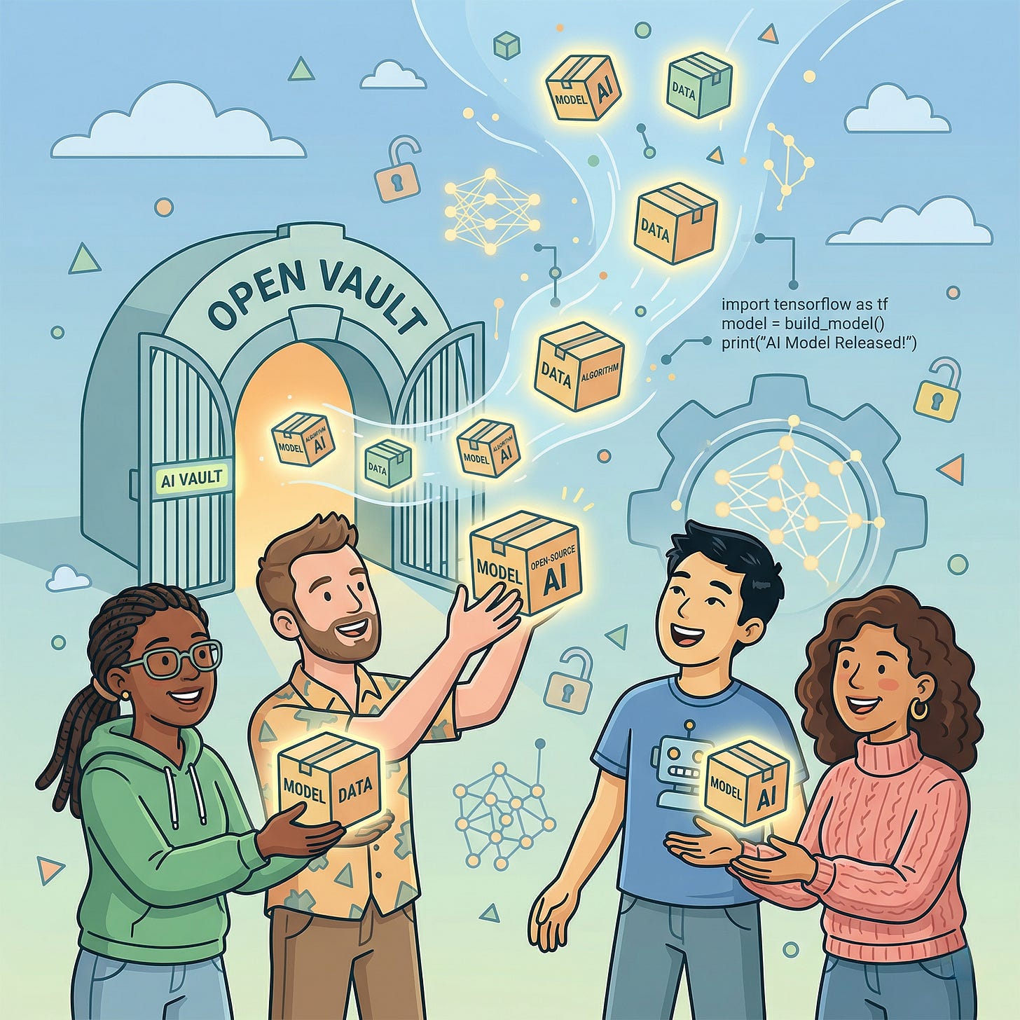 Illustration of diverse developers receiving open-source AI model packages flowing from an open gate Illustration of diverse developers receiving open-source AI model packages flowing from an open gate