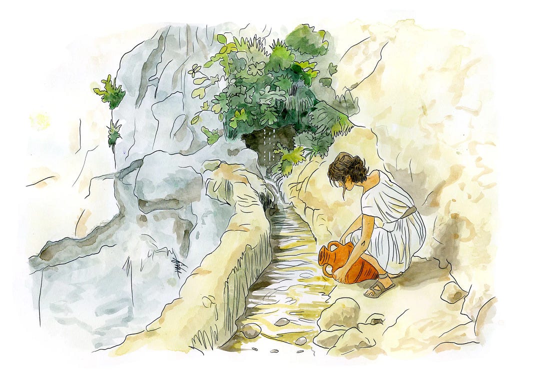 A woman fills a Greek hydria water jar from a simple dug ditch fed by a natural spring outside Syracuse, around the seventh century BC. A woman fills a Greek hydria water jar from a simple dug ditch fed by a natural spring outside Syracuse, around the seventh century BC.