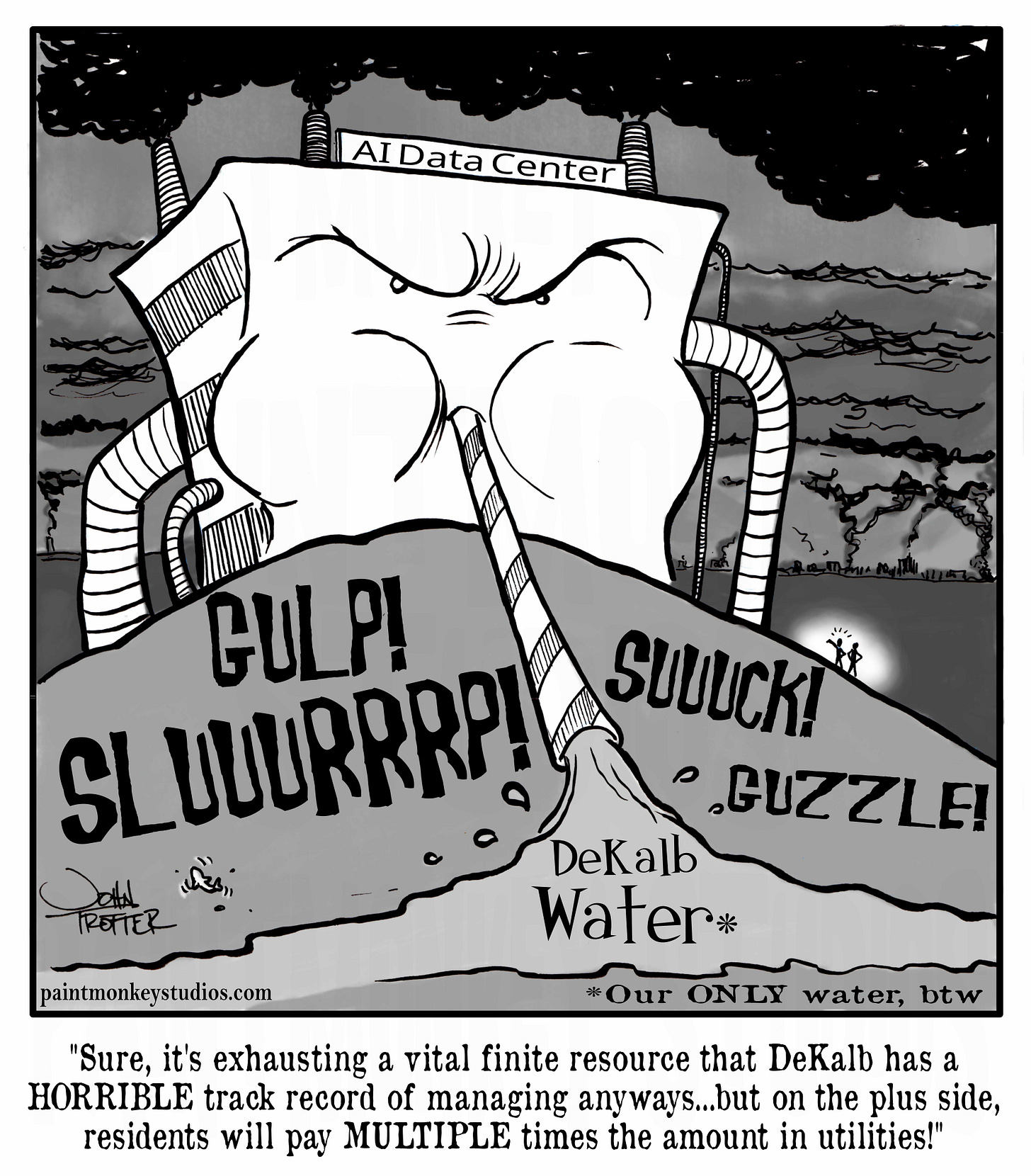 Cartoon of a data center sucking all the water up while two executives discuss upping utility prices for everyone else.