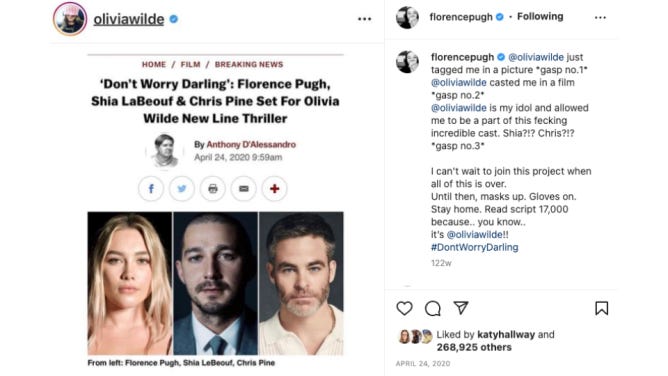 dont worry darling florence insta The Olivia Wilde, Florence Pugh Feud Explained—Why It Sounds More Legit Than Ever