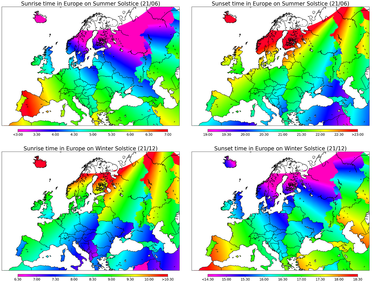 r/MapPorn - Sunset/Sunrise times in Europe Summer/Winter [OC]