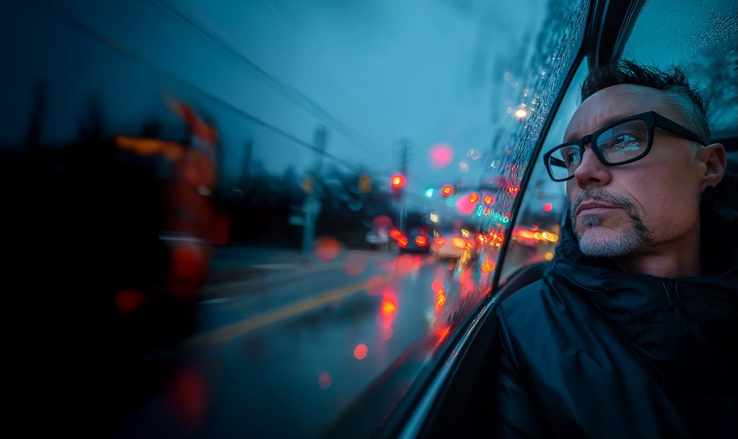 young male with black rimmed glasses stares off into space from car window, rain drops on window, streams of car light and reflections