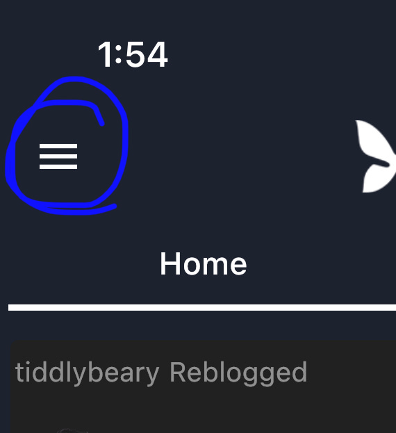 First image depicts a menu button with three horizontal white lines. Second image depicts the menu open with a blue circle surrounding the Bug Report button.