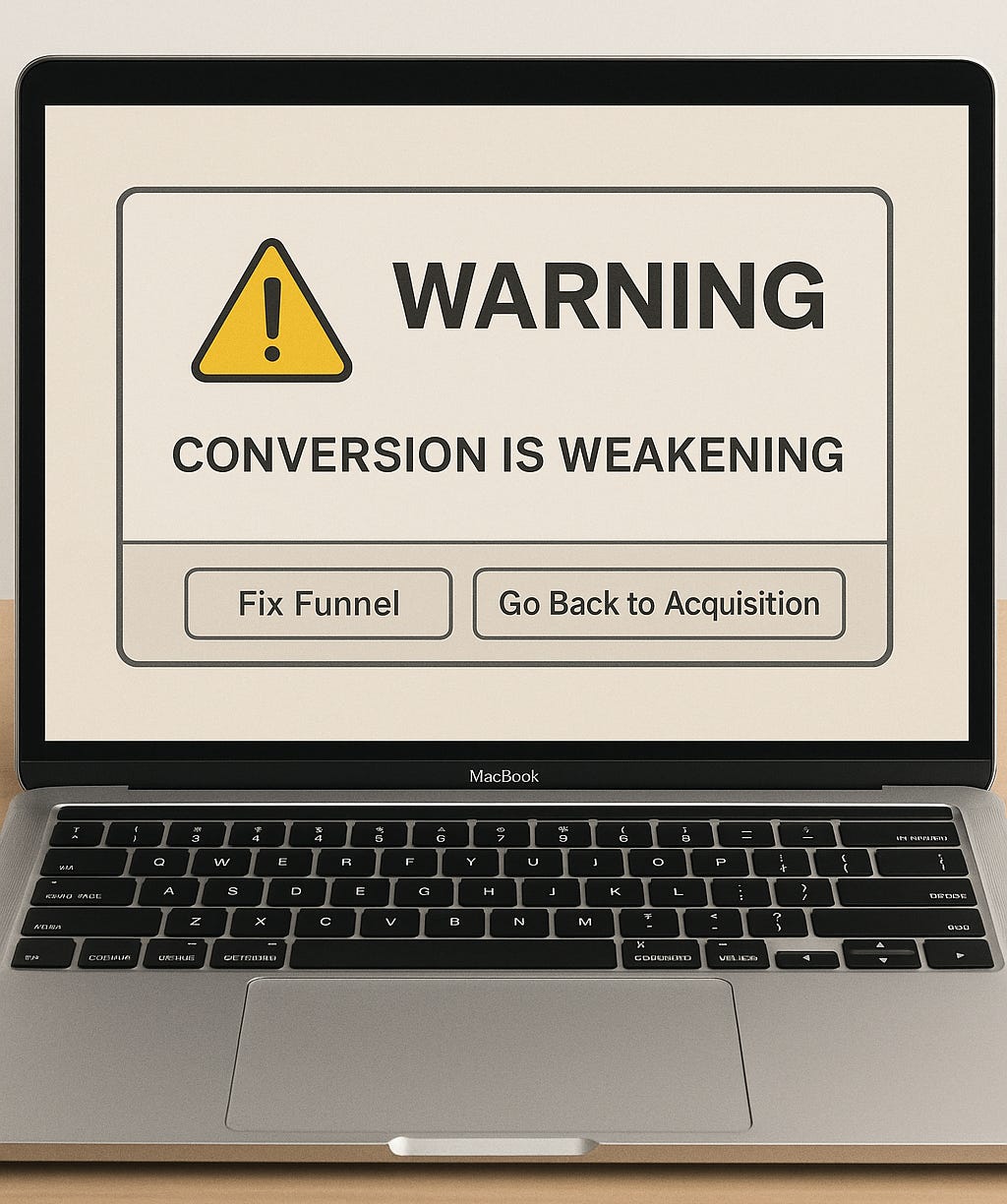 Laptop screen displaying a warning message that conversion rates are weakening, highlighting the need to fix the SaaS funnel. Laptop screen displaying a warning message that conversion rates are weakening, highlighting the need to fix the SaaS funnel.