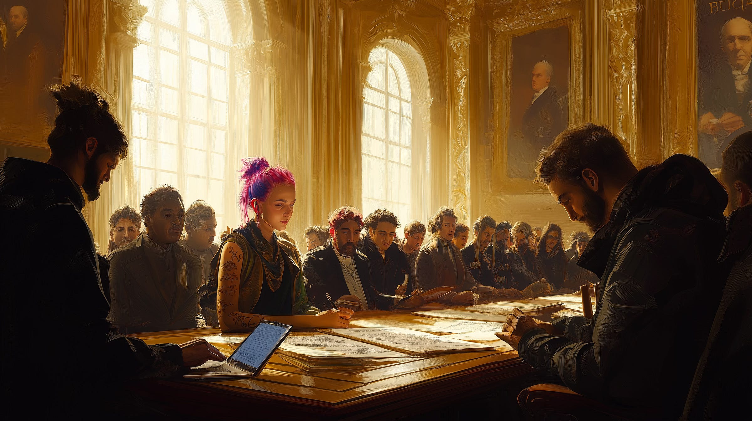 A modern-day signing of the U.S. Constitution in a grand historic hall. Instead of Founding Fathers, diverse Gen Z, Millennials, and Gen X figures in contemporary clothing use iPads, laptops, and smartphones. A woman signs on an iPad, others debate with digital charts, and one livestreams the event. The scene blends classic oil painting style with modern technology.
