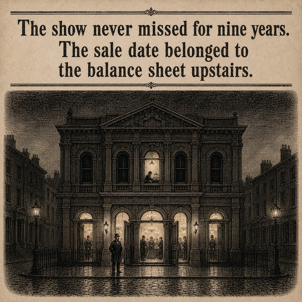 Wood-engraving pull-quote card in the Thomas Nast Harper's Weekly style for Attention Capital's essay The Exit Wave, carrying the engraved line "The show never missed for nine years. The sale date belonged to the balance sheet upstairs." Below the lettering, a Victorian music hall glows with a full house at street level while one cold lamp burns in a single upstairs office window, where a clerk bends over a balance scale. The card compresses the essay's anatomy of the Hot Ones sale: the format performed for nine years and the timing, by the seller's own account, served BuzzFeed's balance sheet. Keywords: Hot Ones sale, BuzzFeed First We Feast, creator economy M&A, creator credit, attention capital. Wood-engraving pull-quote card in the Thomas Nast Harper's Weekly style for Attention Capital's essay The Exit Wave, carrying the engraved line "The show never missed for nine years. The sale date belonged to the balance sheet upstairs." Below the lettering, a Victorian music hall glows with a full house at street level while one cold lamp burns in a single upstairs office window, where a clerk bends over a balance scale. The card compresses the essay's anatomy of the Hot Ones sale: the format performed for nine years and the timing, by the seller's own account, served BuzzFeed's balance sheet. Keywords: Hot Ones sale, BuzzFeed First We Feast, creator economy M&A, creator credit, attention capital.