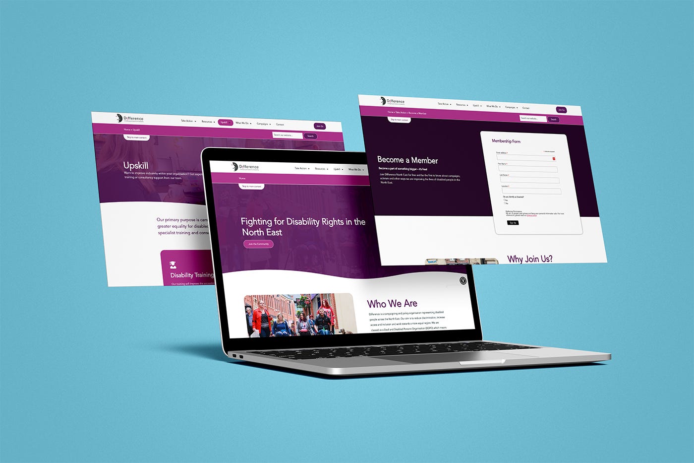 Mockup of laptop screen showing Difference NE website, a purple and pink site with text and photos.