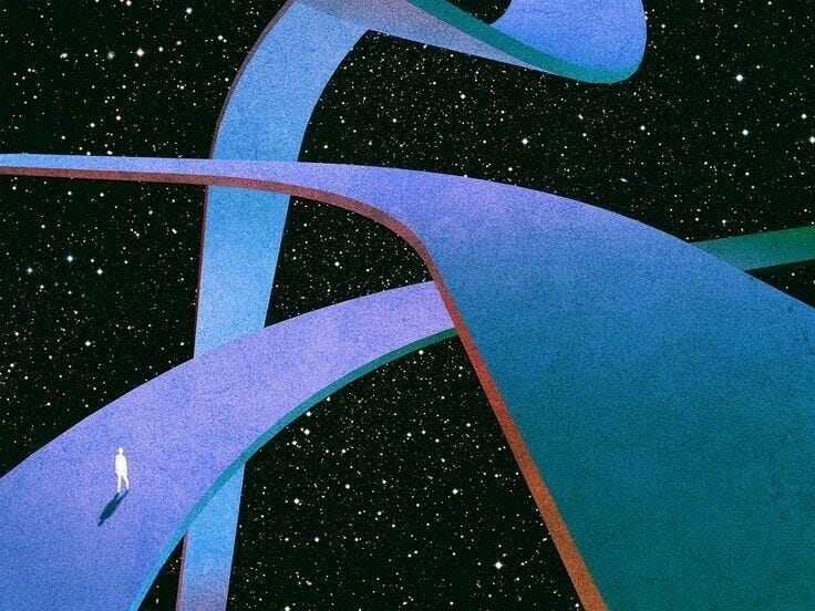 This may contain: an abstract painting with blue and pink lines in the middle, against a night sky filled with stars