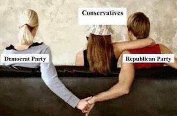 Three adults sit on a beige couch against a light background. A blonde woman in a gray sweater on the left holds hands across with a brunette man in a red shirt on the right. A man in a plaid hat sits in the middle looking surprised with arms around by the man on the right. Labels read Democratic Party below the woman, Republican Party below the man on the right, and Conservatives above the middle man.