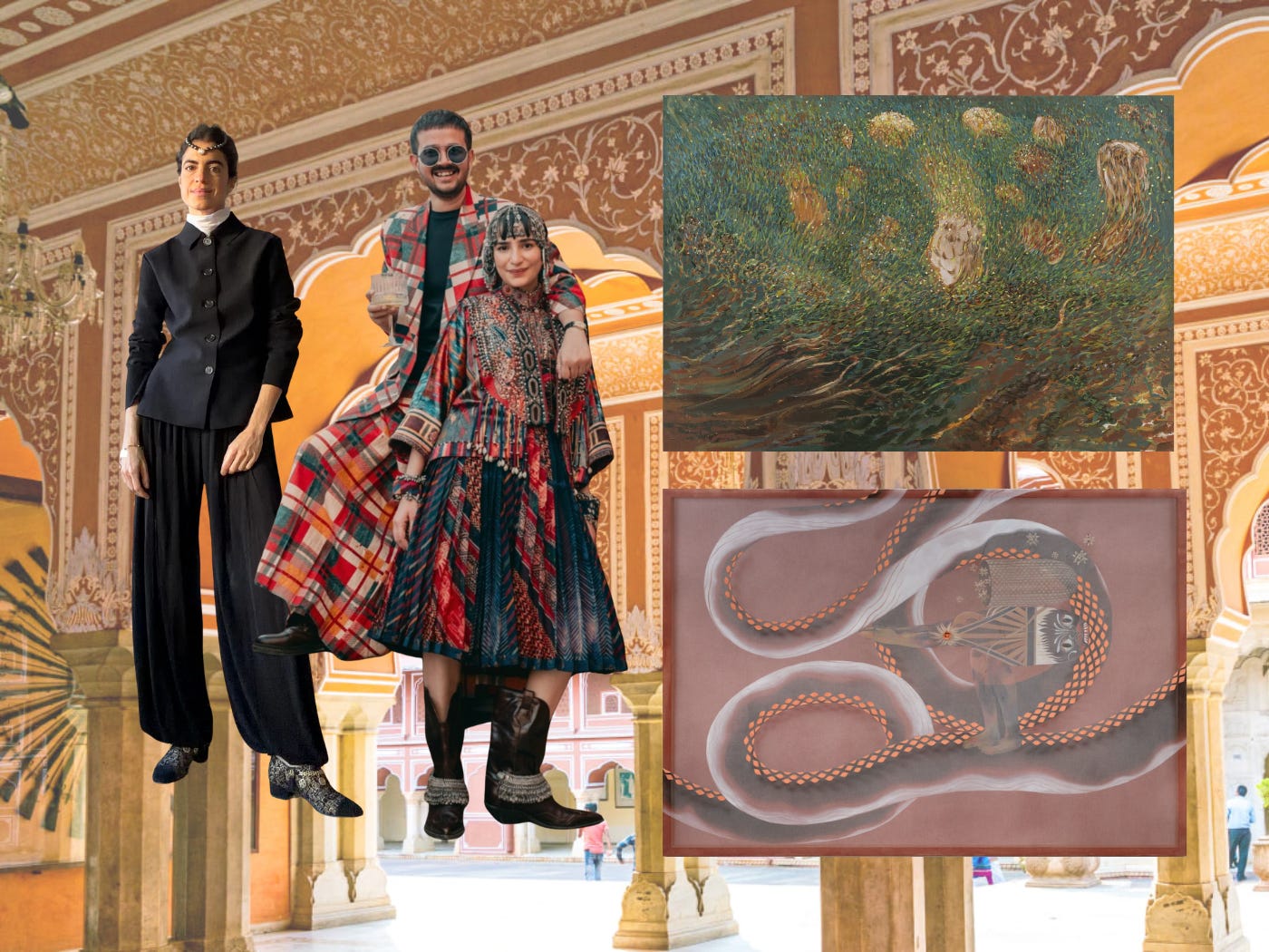 Collage of India-inspired style references and artworks: bridal fashion, jewelry, and recent gallery pieces in Los Angeles.