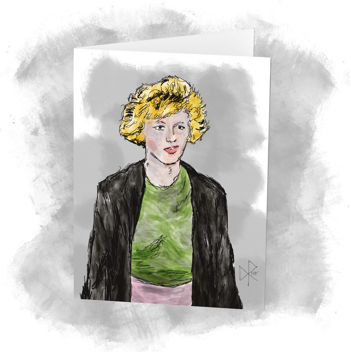 A young blonde woman wearing a dark overcoat, open but partially covering her brightly coloured work attire. Sketch art by Don Rice.