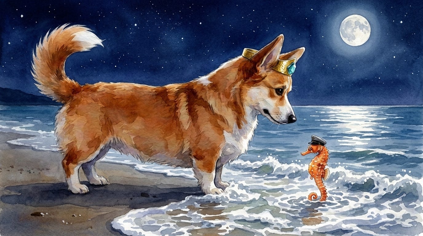 Captain Coral the seahorse rises from a midnight wave to meet Prince Freddie, the small Pembroke Welsh Corgi narrator of this sleep story.