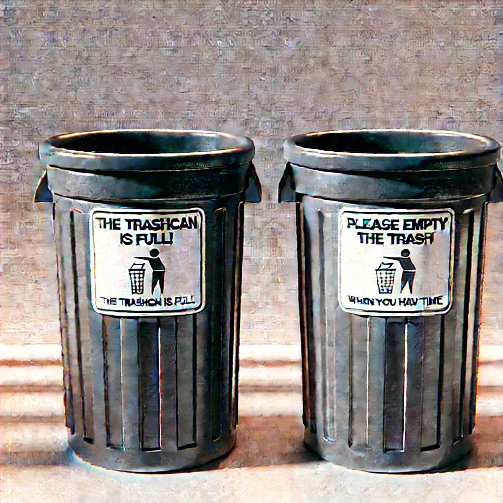 A simple image with two identical trashcans side by side. One trashcan has a blunt label that reads 'The trashcan is full!', while the other has a more polite label saying 'Please empty the trash when you have time.' The design is minimalist, with no complex backgrounds or additional elements, to focus solely on the different labels and how they affect perception. The lighting is neutral, with no extreme contrasts, keeping the emphasis on the words and their framing.