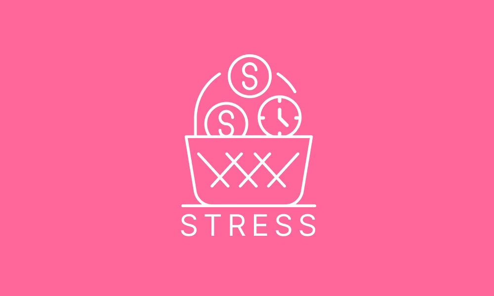 Illustration of basket with coins, a clock, and the word, "stress"