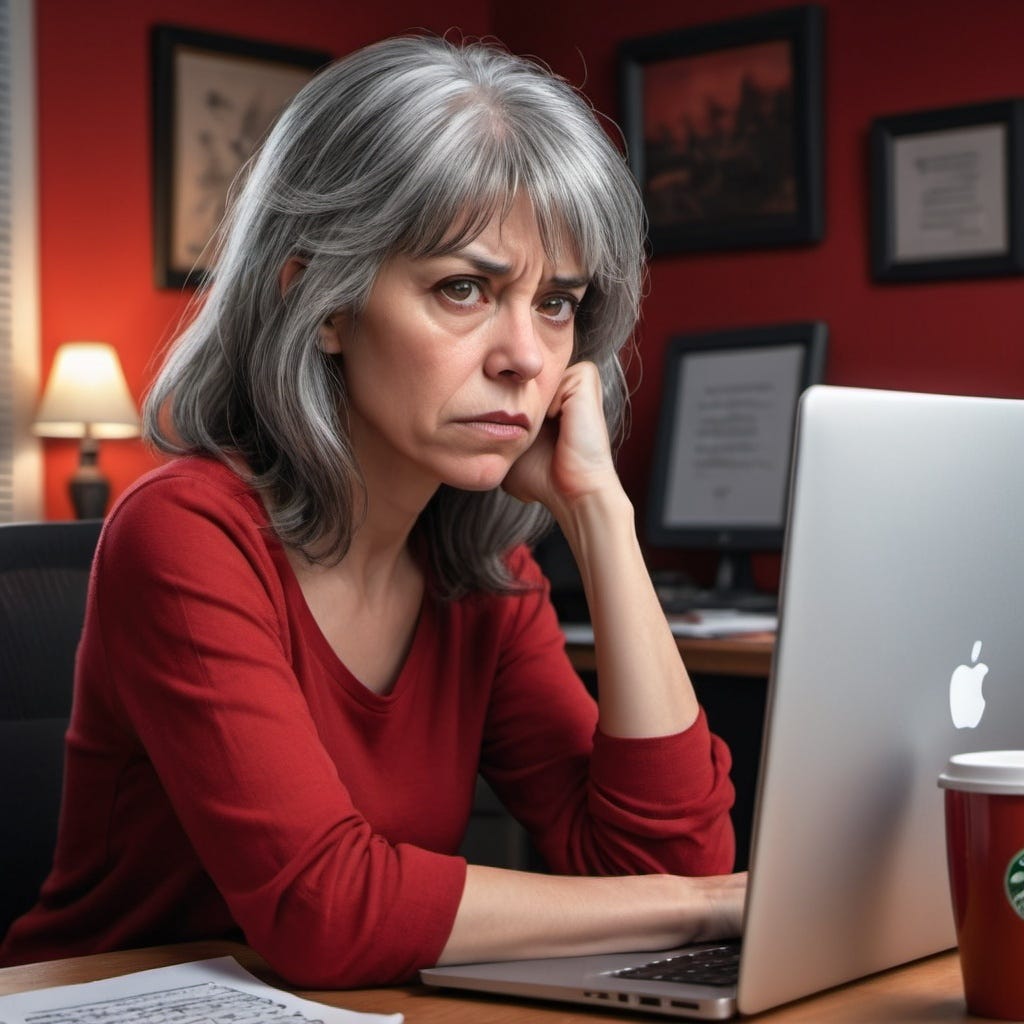 gray haired woman sitting in front of her laptop looking upset