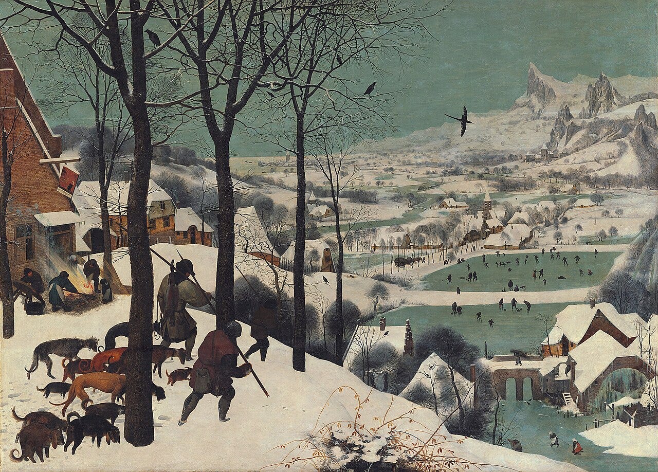 Tired hunters and dogs trudge downhill toward a frozen village where tiny figures skate Tired hunters and dogs trudge downhill toward a frozen village where tiny figures skate