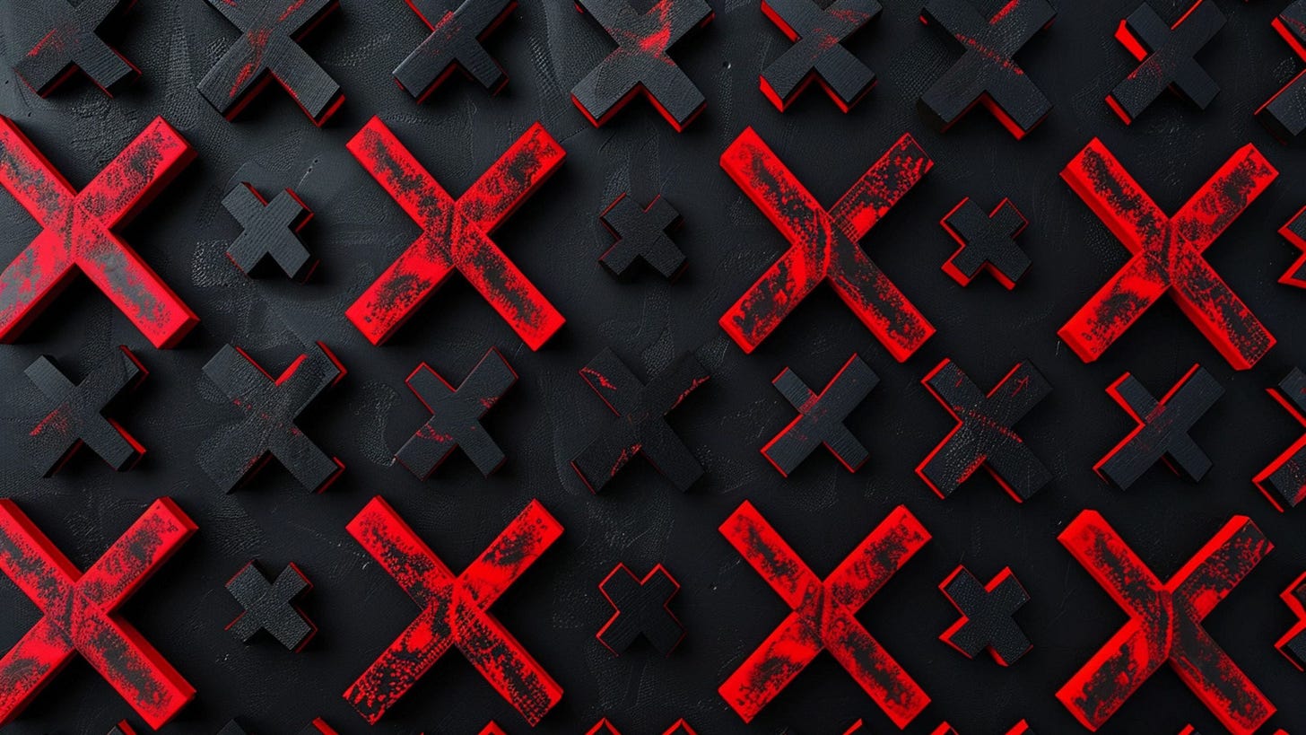 Pattern of 3D black and red X shapes with textured surfaces arranged in diagonal rows on a dark background.