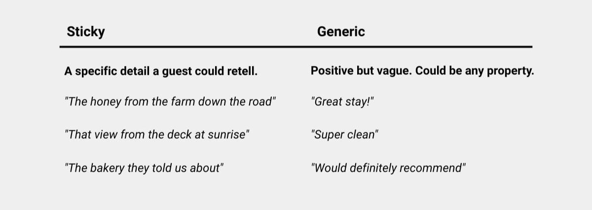 a table on how to tell good sticky reviews from generic