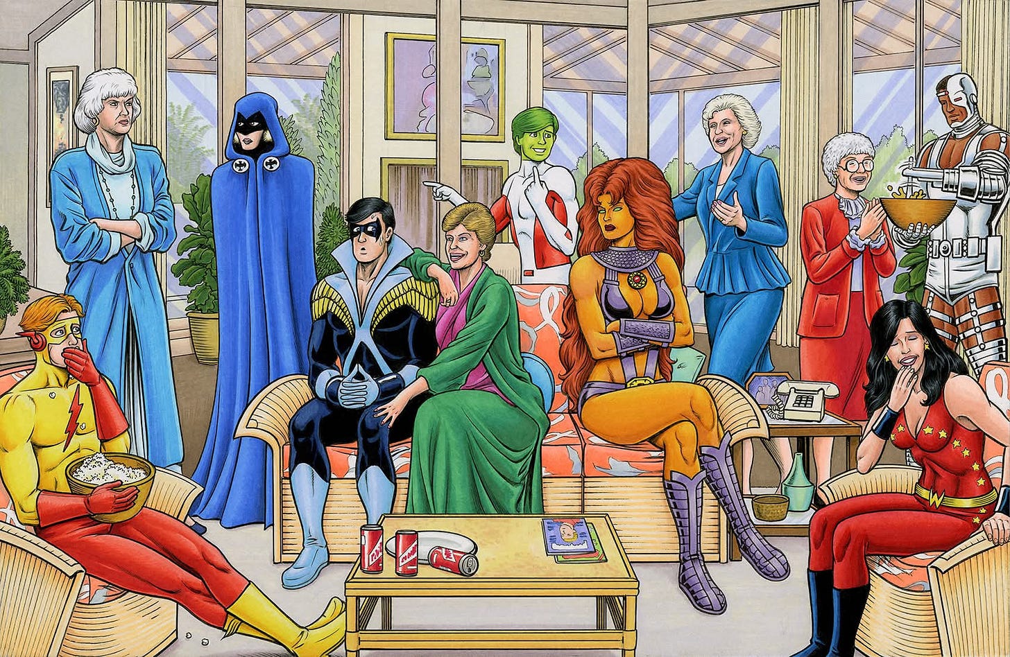 Illustration of The Golden Girls entertaining the Marv Wolfman and George Perez line-up of The New Team Titans in their living room. Artist: Brendon and Brian Fraim - https://brosfraim.com/ Illustration of The Golden Girls entertaining the Marv Wolfman and George Perez line-up of The New Team Titans in their living room. Artist: Brendon and Brian Fraim - https://brosfraim.com/