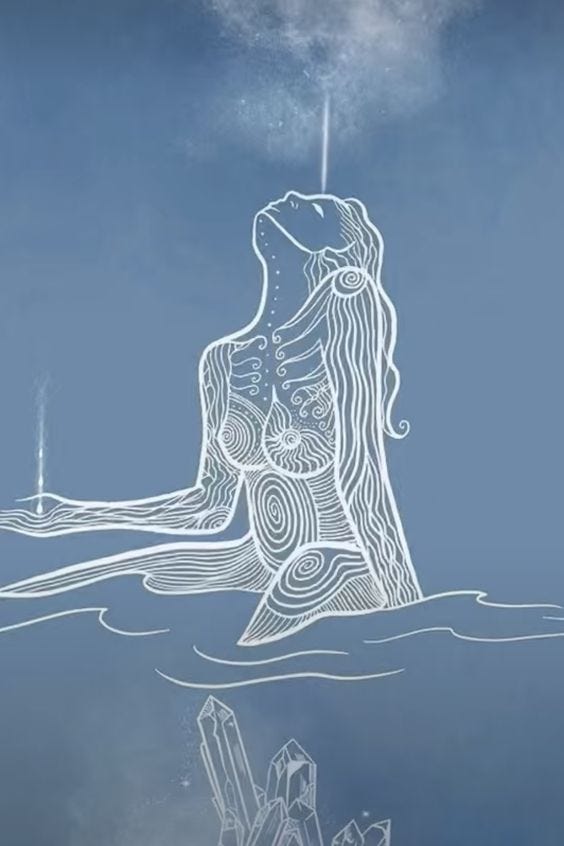 Image ID: White line drawing of an Aquarius woman on a blue background, sitting in water above crystals and looking up at the sky