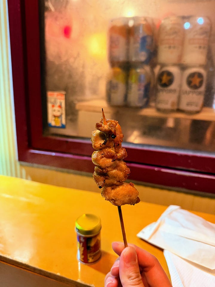 Chicken skewers at a yakitori street cart