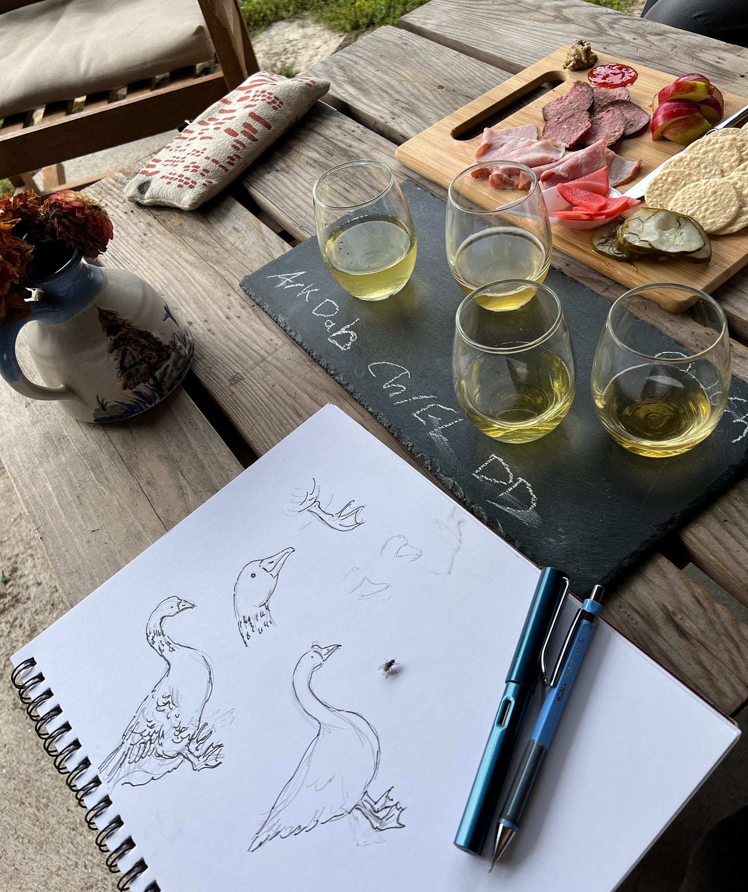 Photo of a tasty cheese board and wine tasting, and bird sketches by graphic novelist K. Woodman-Maynard. 